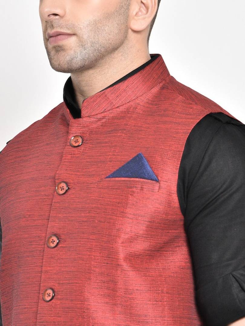 Men's Maroon Viscose
 Woven Design Nehru Jackets